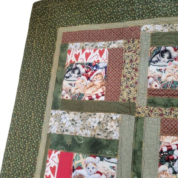 Handmade Christmas Kittens Patchwork Quilt Throw Lap 33"x57" Cat Holiday - Picture 12 of 14